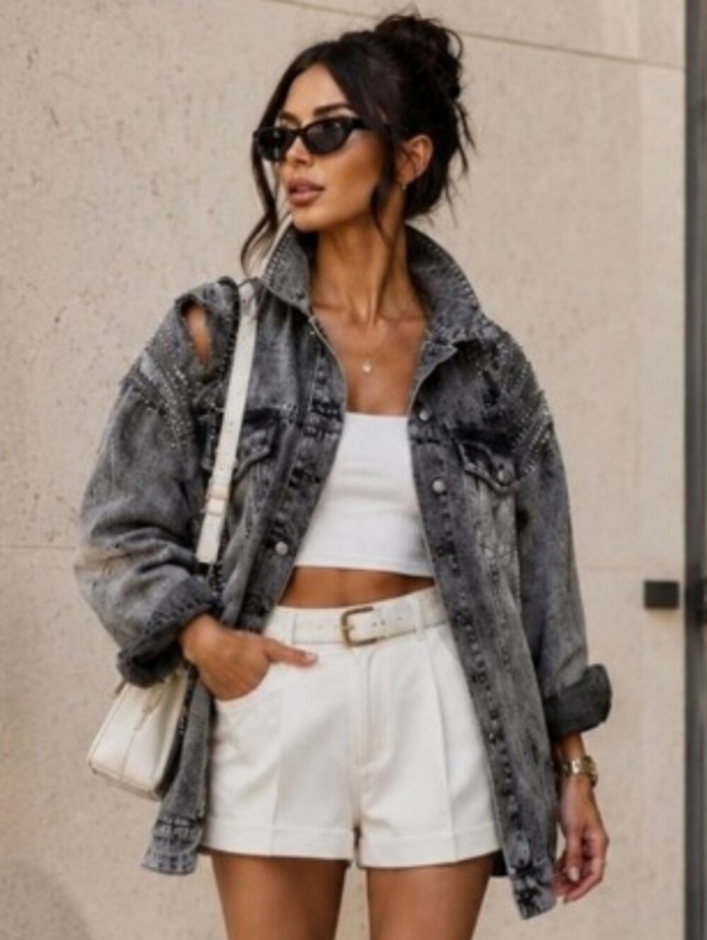 Stud-Embellished Grey Washed Denim Jacket - Picture 3 of 10